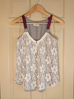 Rewind Boho Lace Front Tank Top Gray & White Layered Sleeveless Size Juniors L